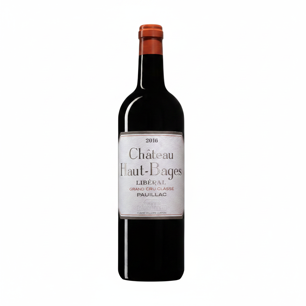 A bottle of Château Haut-Bages Libéral Grand Cru Classée Pauillac red wine, featuring a dark glass bottle with a white label and a red top, set against a graphic background with a terracotta block and white text.