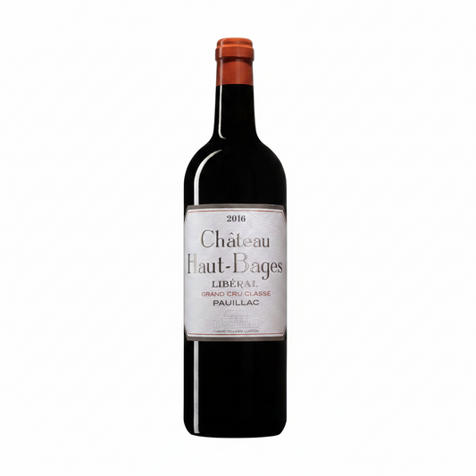 A bottle of Château Haut-Bages Libéral Grand Cru Classée Pauillac red wine, featuring a dark glass bottle with a white label and a red top, set against a graphic background with a terracotta block and white text.