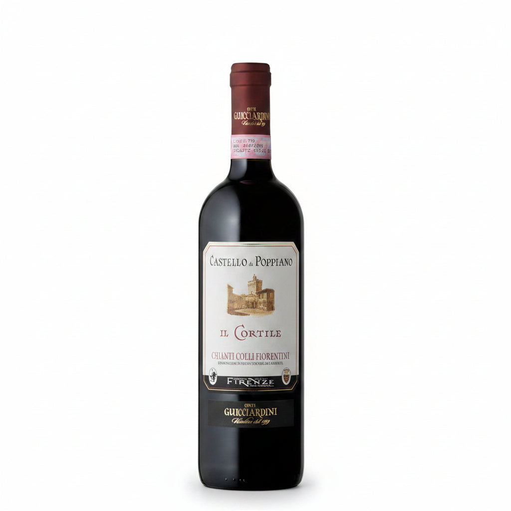 A bottle of Castello di Poppiano Il Cortile Chianti Colli Fiorentini red wine by Guccardini, featuring a dark glass bottle, a cream-colored label with a castle illustration, and a dark red foil seal.