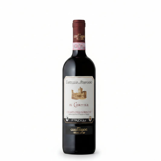 A bottle of Castello di Poppiano Il Cortile Chianti Colli Fiorentini red wine by Guccardini, featuring a dark glass bottle, a cream-colored label with a castle illustration, and a dark red foil seal.