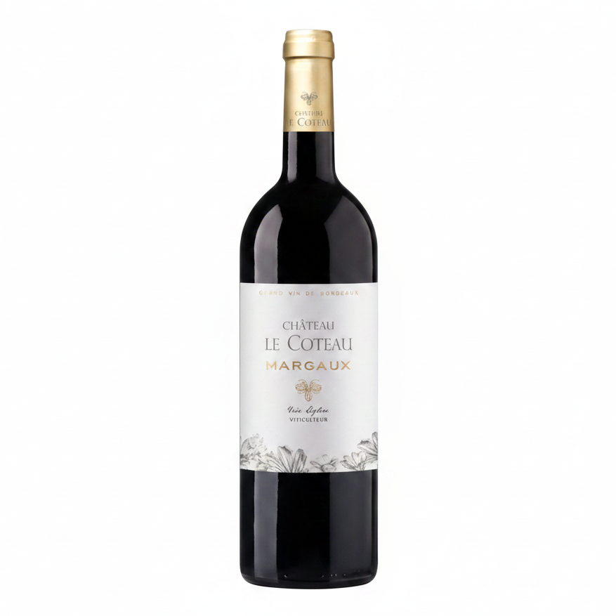 A bottle of Château Le Côteau Margaux red wine, featuring a dark glass bottle with a gold foil capsule and a white label with elegant gold and black typography.