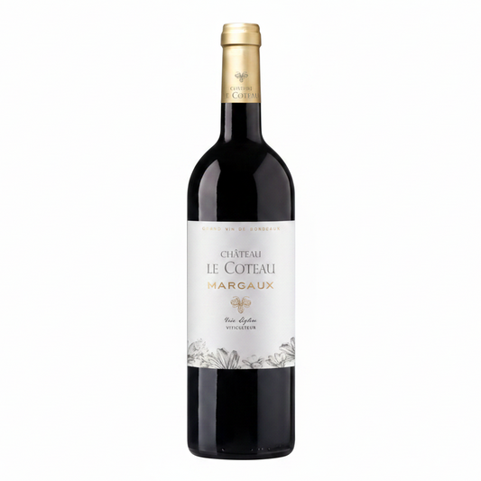 A bottle of Château Le Côteau Margaux red wine, featuring a dark glass bottle with a gold foil capsule and a white label with elegant gold and black typography.