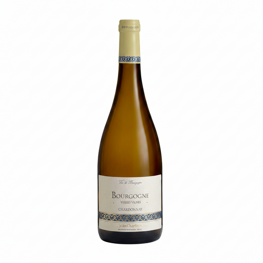 A bottle of Jean Charlot Bourgogne Vielle Vignes Chardonnay white wine, featuring an amber glass bottle with a cream-colored label and a gold foil capsule.