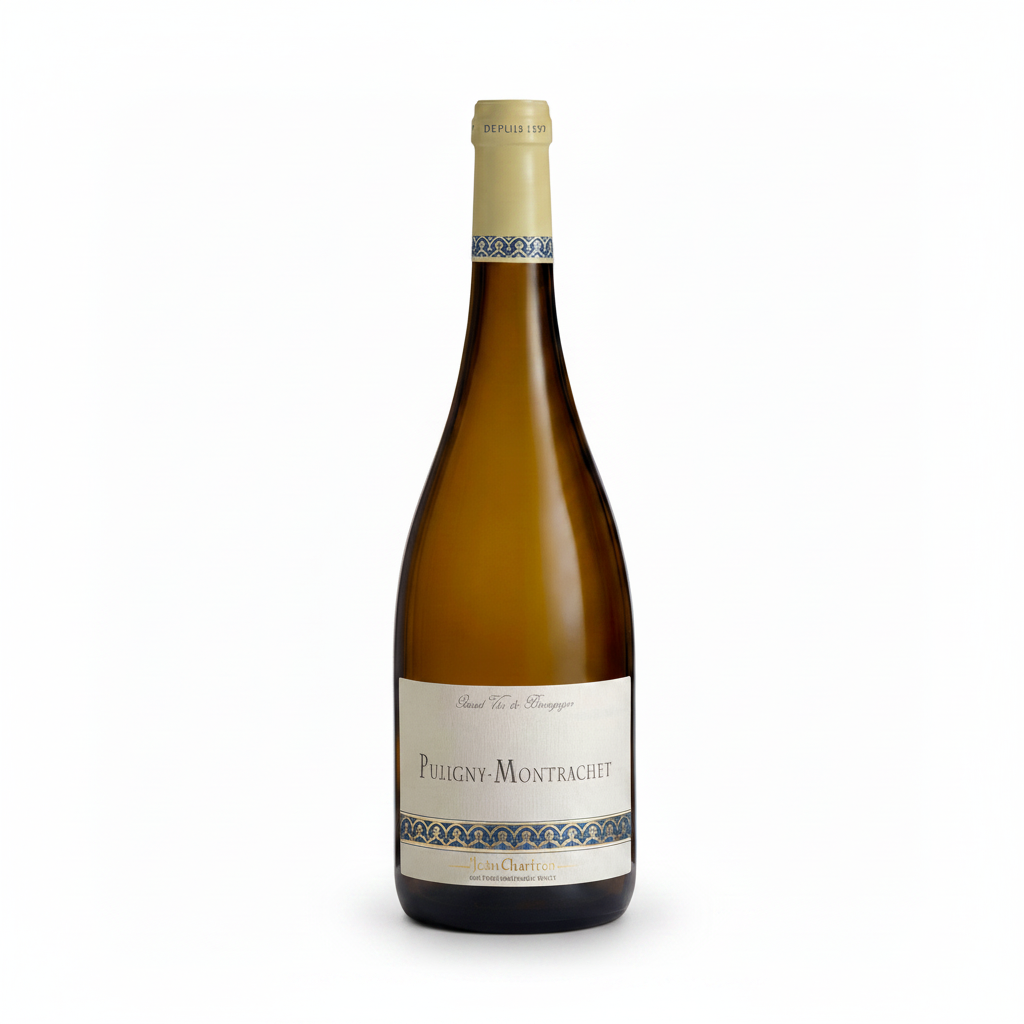 Wine bottle of Puligny Montrachet Chardonnay on a white background