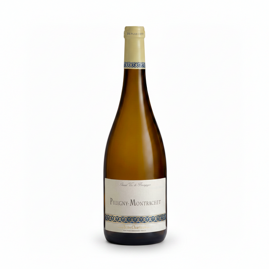 Wine bottle of Puligny Montrachet Chardonnay on a white background