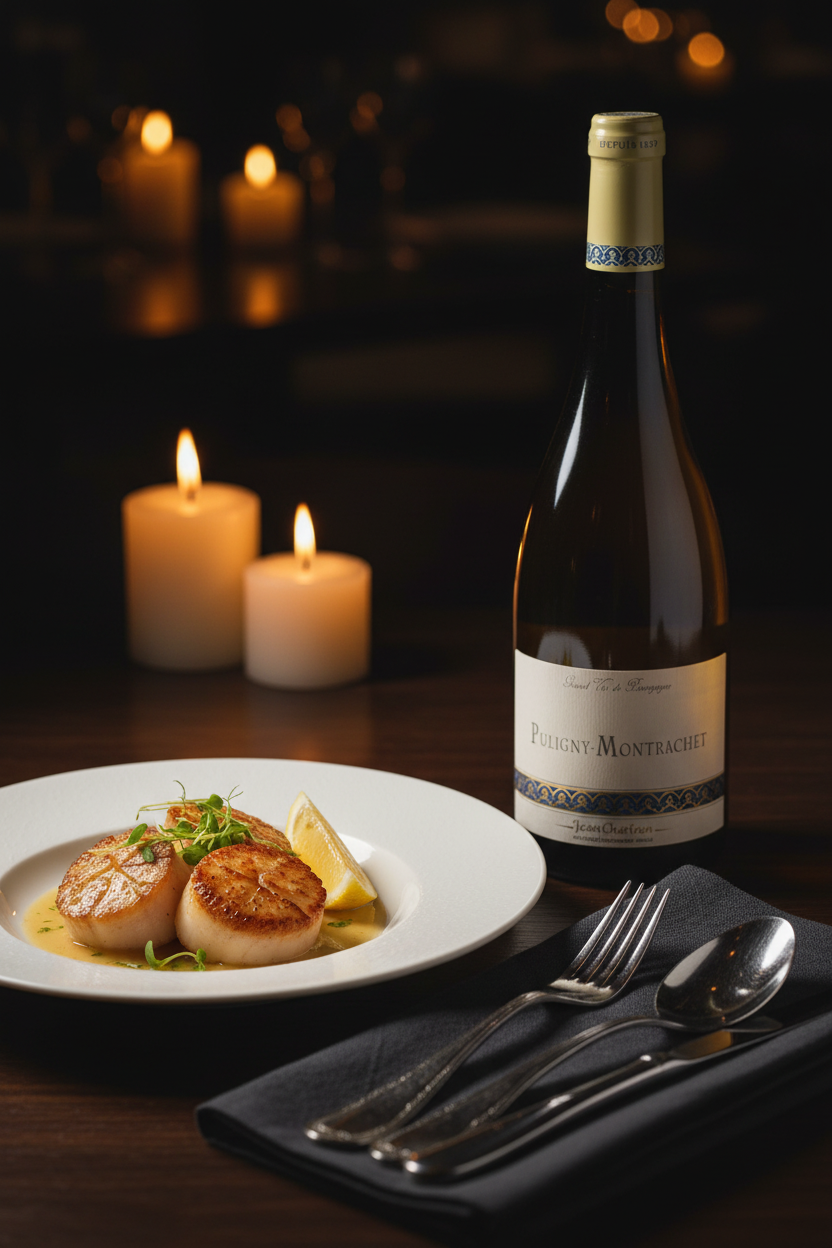 a bottle of Puligny Montrachet chardonnay next to pan-fried scallops 