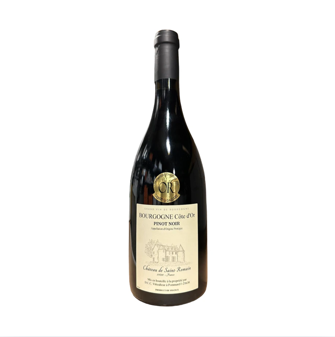 Burgundy red wine bottle with a gold medal