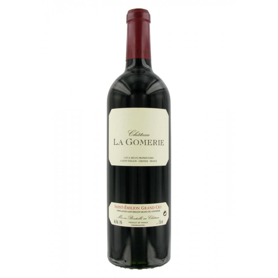 A bottle of Château La Gomerie red wine, featuring a dark glass bottle with a cream-colored label and a dark red wax seal on the neck, set against a plain white background.