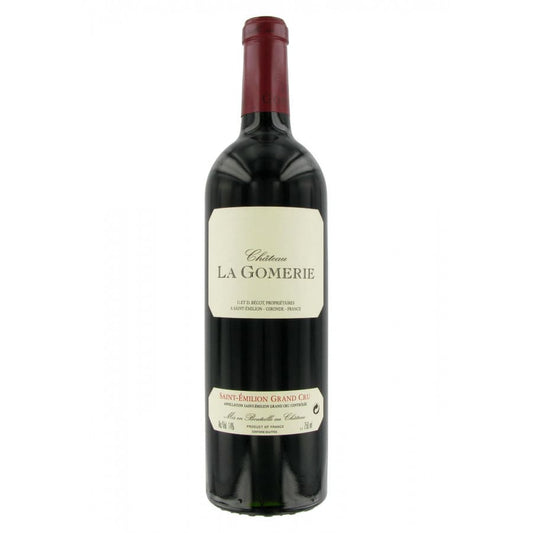 A bottle of Château La Gomerie red wine, featuring a dark glass bottle with a cream-colored label and a dark red wax seal on the neck, set against a plain white background.